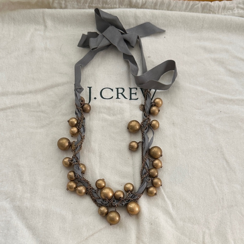 J. Crew Gold Bead Necklace with Gray Ribbon